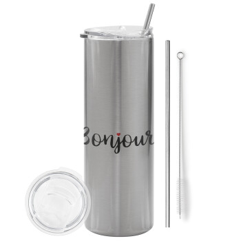 Bonjour, Eco friendly ποτήρι θερμό Ασημένιο (tumbler) από ανοξείδωτο ατσάλι 600ml, με μεταλλικό καλαμάκι & βούρτσα καθαρισμού