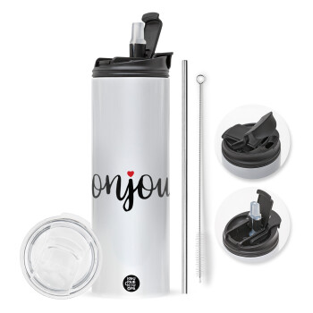 Bonjour, Travel Tumbler θερμό με διπλό καπάκι, μεταλλικό καλαμάκι και βούρτσα καθαρισμού (Ανωξείδωτο 304 Food grade, BPA free, 600ml)