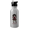 Water bottle Silver with straw, stainless steel 600ml