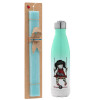 Easter Set, Metallic green/white thermos (Stainless steel), double-walled, 500ml & scented flat Easter candle (30cm) (TURQUOISE)