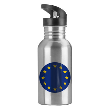 EU, Water bottle Silver with straw, stainless steel 600ml