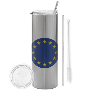 EU, Eco friendly ποτήρι θερμό Ασημένιο (tumbler) από ανοξείδωτο ατσάλι 600ml, με μεταλλικό καλαμάκι & βούρτσα καθαρισμού