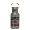 Stainless steel metallic thermos flask, silver with a bamboo lid, double-walled, 350ml.