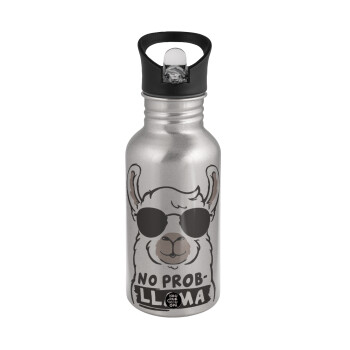 No Prob Llama, Water bottle Silver with straw, stainless steel 500ml