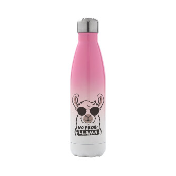 No Prob Llama, Metal mug thermos Pink/White (Stainless steel), double wall, 500ml