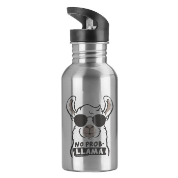 No Prob Llama, Water bottle Silver with straw, stainless steel 600ml