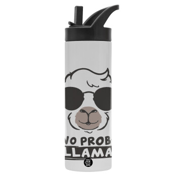 No Prob Llama, Metallic thermos bottle with straw & handle, stainless steel (Stainless steel 304), double-walled, 600ml.