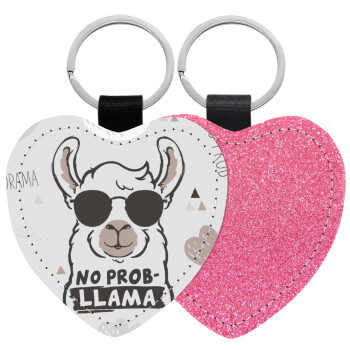 No Prob Llama, Μπρελόκ PU δερμάτινο glitter καρδιά ΡΟΖ