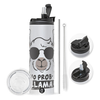 No Prob Llama, Travel Tumbler 2 Lids, with metal straw & cleaning brush (Stainless steel 304 Food grade, BPA free, 600ml)