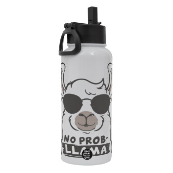 No Prob Llama, Metal mug thermo White with Straw and Spout Lid (Stainless steel), double wall, 950ml