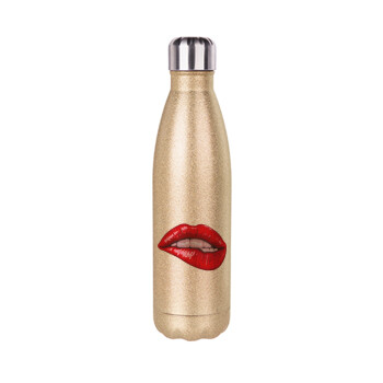 Lips, Glitter gold stainless steel thermos bottle, double-walled, 500ml