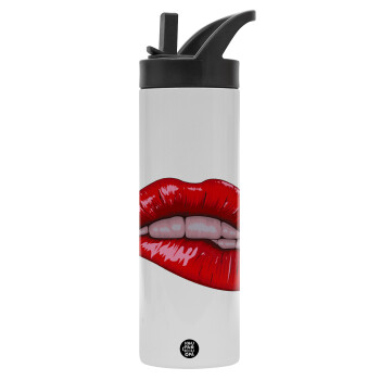 Lips, Metallic thermos bottle with straw & handle, stainless steel (Stainless steel 304), double-walled, 600ml.