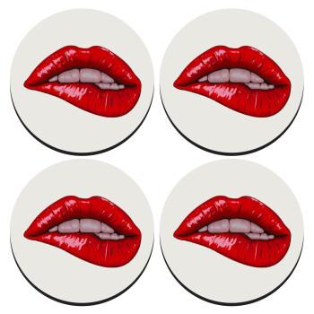 Lips, SET of 4 round wooden coasters (9cm)