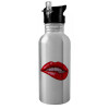 Water bottle Silver with straw, stainless steel 600ml