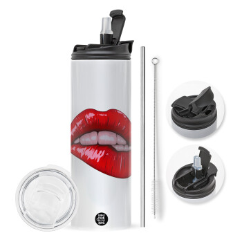 Lips, Travel Tumbler θερμό με διπλό καπάκι, μεταλλικό καλαμάκι και βούρτσα καθαρισμού (Ανωξείδωτο 304 Food grade, BPA free, 600ml)