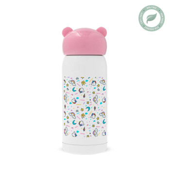 Unicorn pattern white, Pink stainless steel thermal flask, 320ml