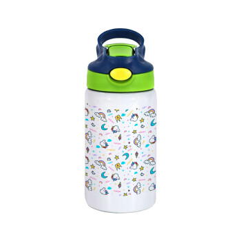 Unicorn pattern white, Children's hot water bottle, stainless steel, with safety straw, green, blue (350ml)