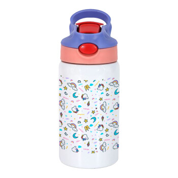 Unicorn pattern white, Children's hot water bottle, stainless steel, with safety straw, pink/purple (350ml)
