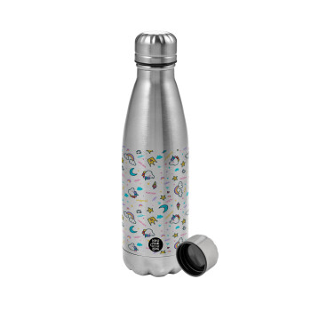 Unicorn pattern white, Metallic water bottle, stainless steel, 750ml