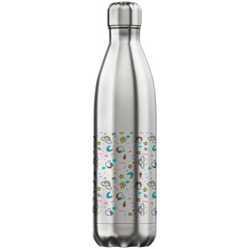 Unicorn pattern white, Μεταλλικό παγούρι θερμός Inox (Stainless steel), διπλού τοιχώματος, 750ml