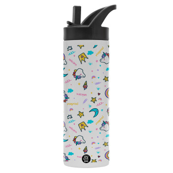 Unicorn pattern white, Metallic thermos bottle with straw & handle, stainless steel (Stainless steel 304), double-walled, 600ml.