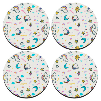 Unicorn pattern white, ΣΕΤ 4 Σουβέρ ξύλινα στρογγυλά (9cm)