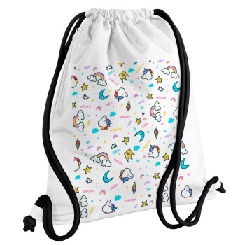 Unicorn pattern white, Backpack pouch GYMBAG white, with pocket (40x48cm) & thick cords