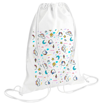 Unicorn pattern white, Backpack pouch GYMBAG white (28x40cm)