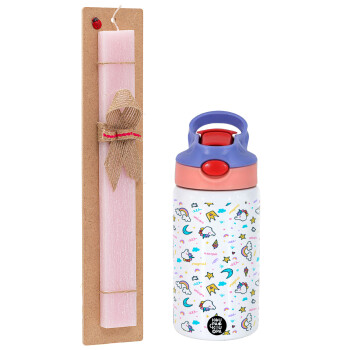 Unicorn pattern white, Easter Set, Children's thermal stainless steel water bottle with safety straw, pink/purple (350ml) & Easter scented flat candle (30cm) (PINK)