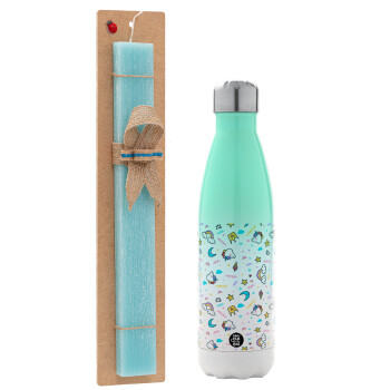 Unicorn pattern white, Easter Set, Metallic green/white thermos (Stainless steel), double-walled, 500ml & scented flat Easter candle (30cm) (TURQUOISE)