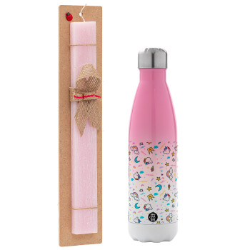 Unicorn pattern white, Easter Set, Metallic pink/white (Stainless steel) thermos, double-walled, 500ml & aromatic flat Easter candle (30cm) (PINK)