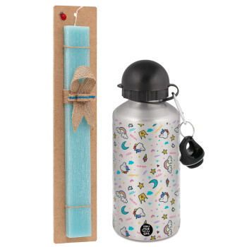 Unicorn pattern white, Easter Set, metallic silver aluminum water bottle (500ml) & scented flat Easter candle (30cm) (TURQUOISE)