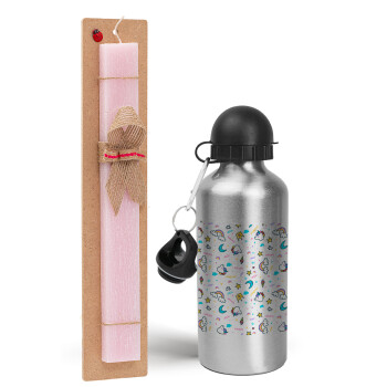 Unicorn pattern white, Easter Set, metallic Silver aluminum water bottle (500ml) & scented flat Easter candle (30cm) (PINK)