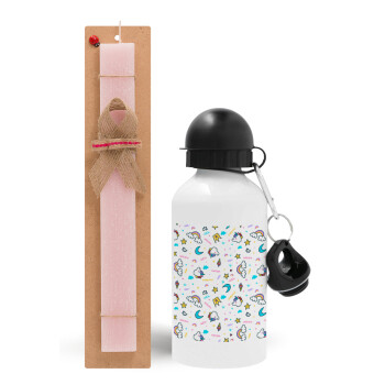 Unicorn pattern white, Easter Set, metallic aluminum bottle (500ml) & aromatic flat Easter candle (30cm) (PINK)