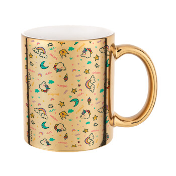 Unicorn pattern white, Mug ceramic, gold mirror, 330ml