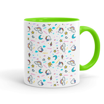 Unicorn pattern white, Mug colored light green, ceramic, 330ml