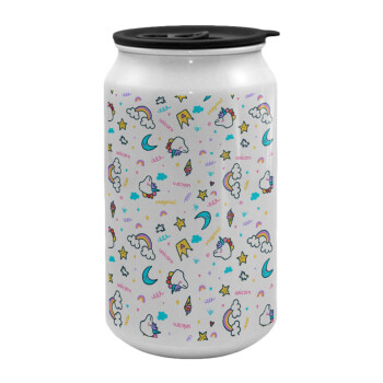 Unicorn pattern white, Κούπα ταξιδιού μεταλλική με καπάκι (tin-can) 500ml