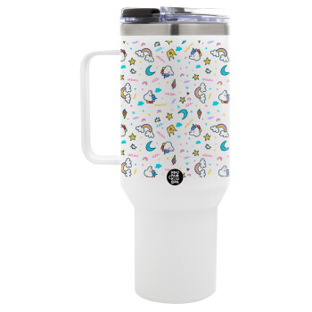 Unicorn pattern white, Mega Tumbler με καπάκι, διπλού τοιχώματος (θερμό) 1,2L