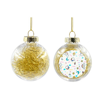 Unicorn pattern white, Transparent Christmas tree ball ornament with gold filling 8cm