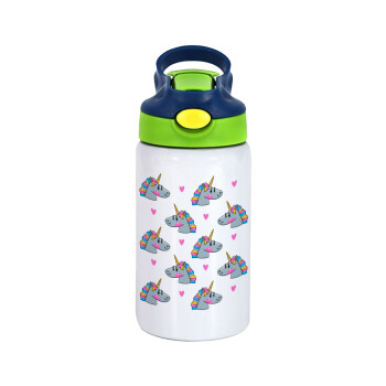Unicorn, Children's hot water bottle, stainless steel, with safety straw, green, blue (350ml)