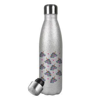 Unicorn, Metallic Glitter Silver Thermos Flask (Stainless steel), double-walled, 500ml