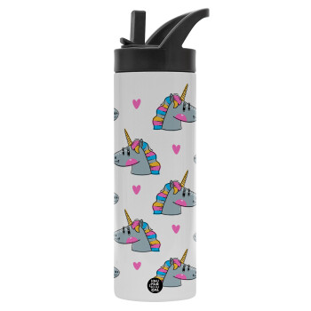 Unicorn, Metallic thermos bottle with straw & handle, stainless steel (Stainless steel 304), double-walled, 600ml.