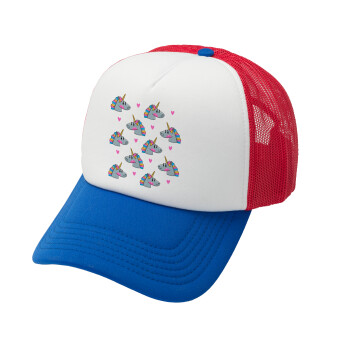 Unicorn, Adult Soft Trucker Hat with Red/Blue/White Mesh (POLYESTER, ADULT, UNISEX, ONE SIZE)