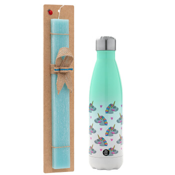 Unicorn, Easter Set, Metallic green/white thermos (Stainless steel), double-walled, 500ml & scented flat Easter candle (30cm) (TURQUOISE)