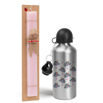 Unicorn, Easter Set, metallic Silver aluminum water bottle (500ml) & scented flat Easter candle (30cm) (PINK)