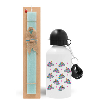 Unicorn, Easter Set, metallic aluminum water bottle (500ml) & scented flat candle (30cm) (TURQUOISE)