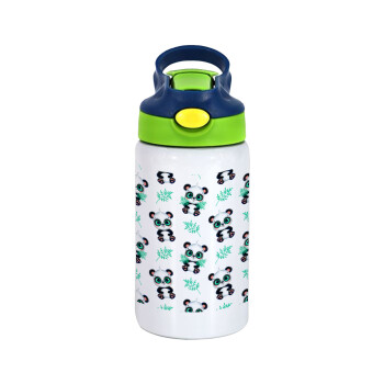 Panda, Children's hot water bottle, stainless steel, with safety straw, green, blue (350ml)