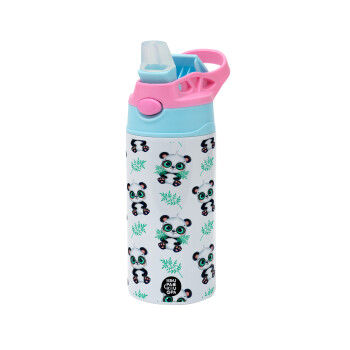 Panda, Children's hot water bottle, stainless steel, with safety straw, Pink/BlueCiel (360ml) BPA FREE