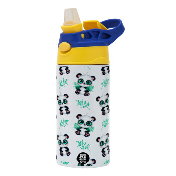 Panda, Children's hot water bottle, stainless steel, with safety straw, green, blue (360ml) BPA FREE