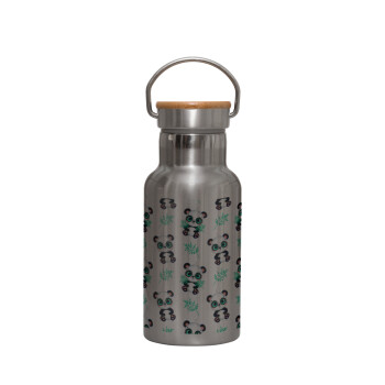 Panda, Stainless steel metallic thermos flask, silver with a bamboo lid, double-walled, 350ml.